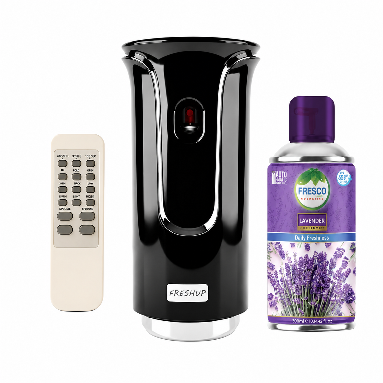 Freshup Premium Black LED Remote Control Automatic Air Freshener Dispenser with Free Air Freshener & Batteries