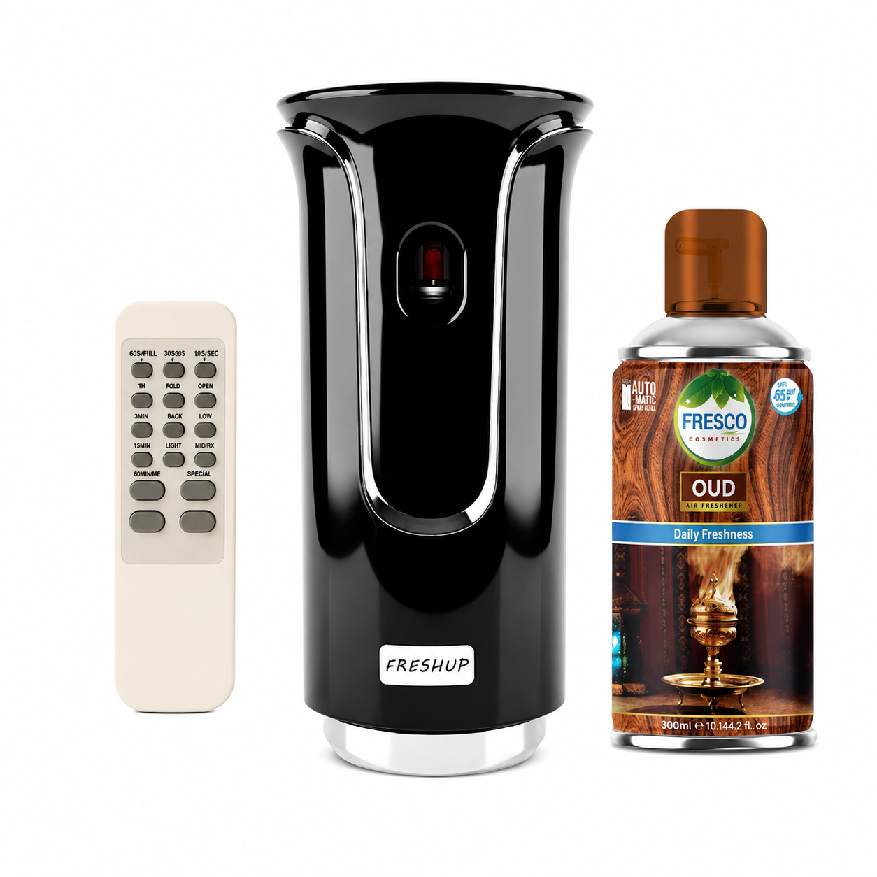 Freshup Premium Black LED Remote Control Automatic Air Freshener Dispenser with Free Air Freshener & Batteries