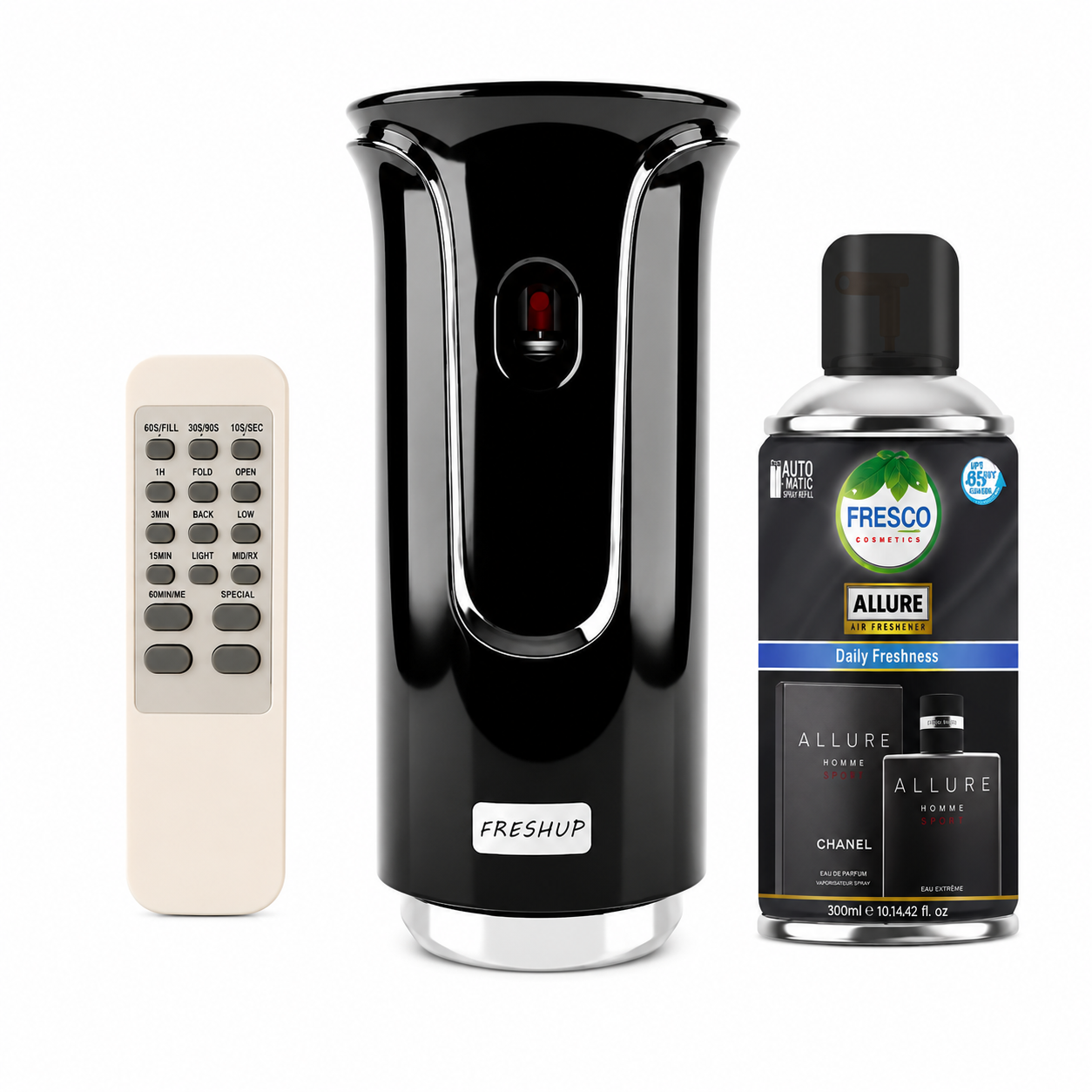 Freshup Premium Black LED Remote Control Automatic Air Freshener Dispenser with Free Air Freshener & Batteries