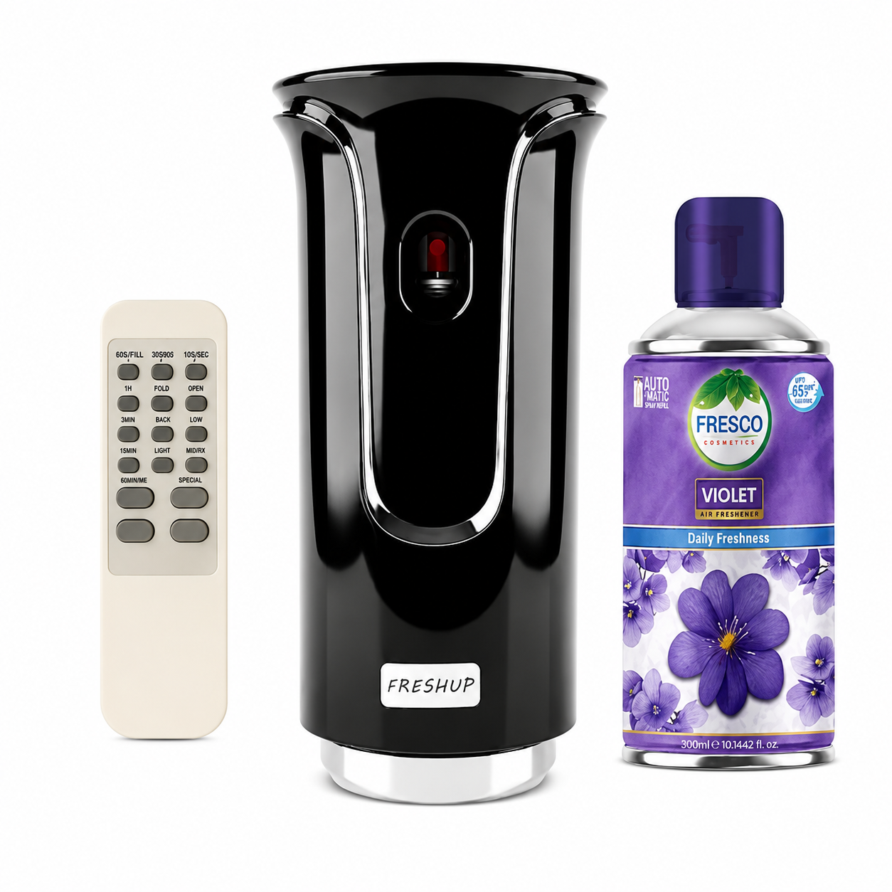 Freshup Premium Black LED Remote Control Automatic Air Freshener Dispenser with Free Air Freshener & Batteries