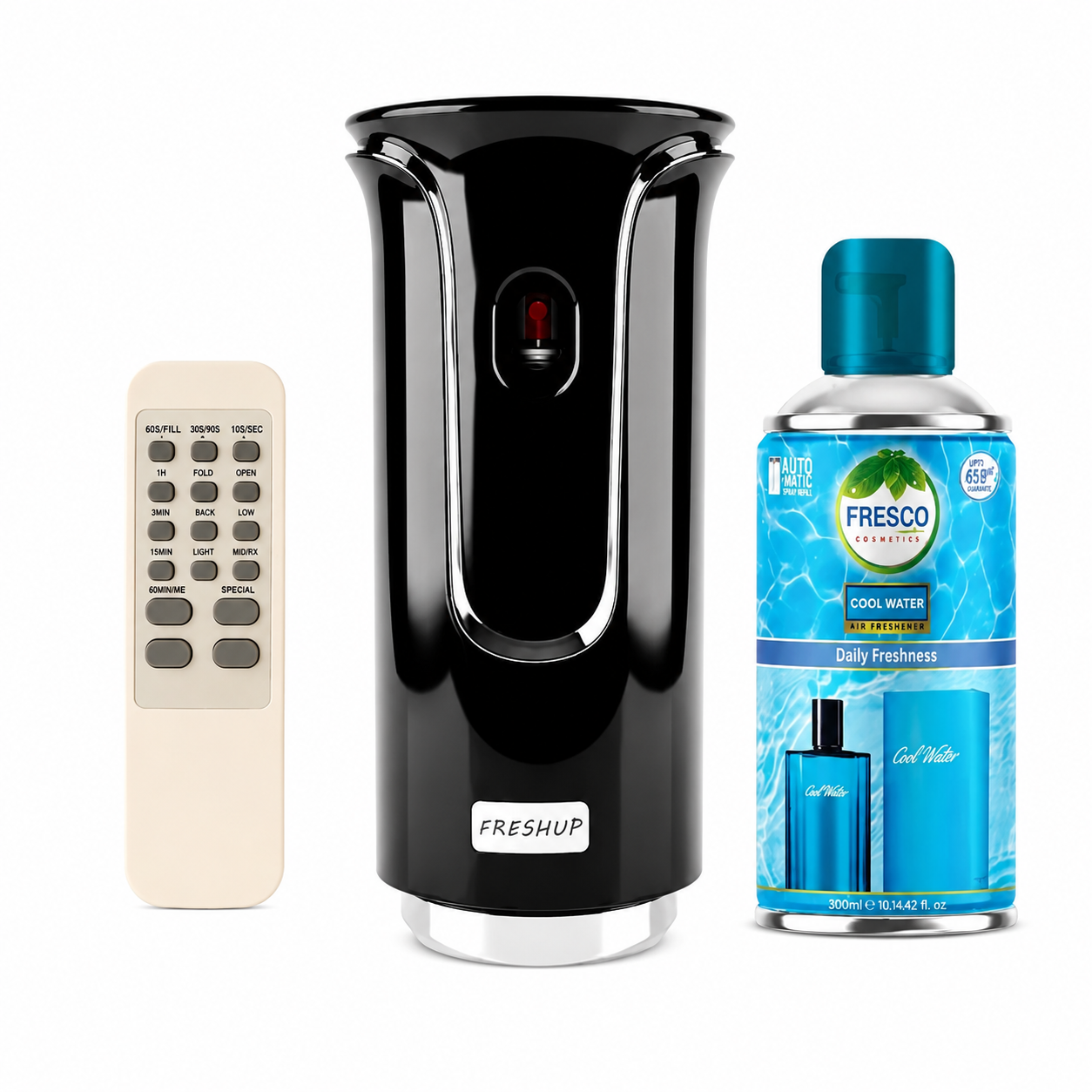 Freshup Premium Black LED Remote Control Automatic Air Freshener Dispenser with Free Air Freshener & Batteries