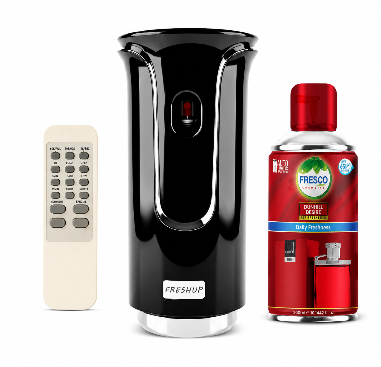Freshup Premium Black LED Remote Control Automatic Air Freshener Dispenser with Free Air Freshener & Batteries
