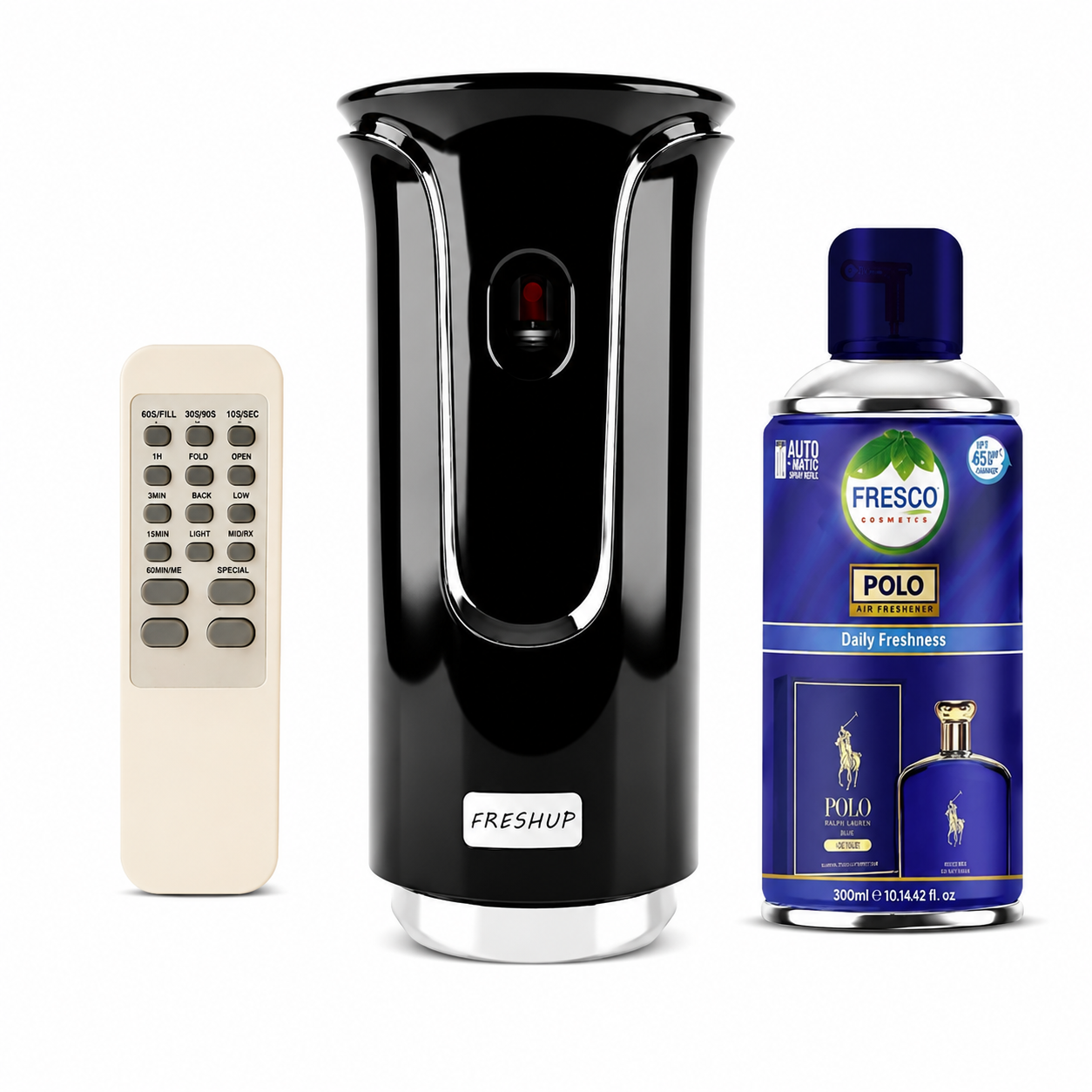 Freshup Premium Black LED Remote Control Automatic Air Freshener Dispenser with Free Air Freshener & Batteries