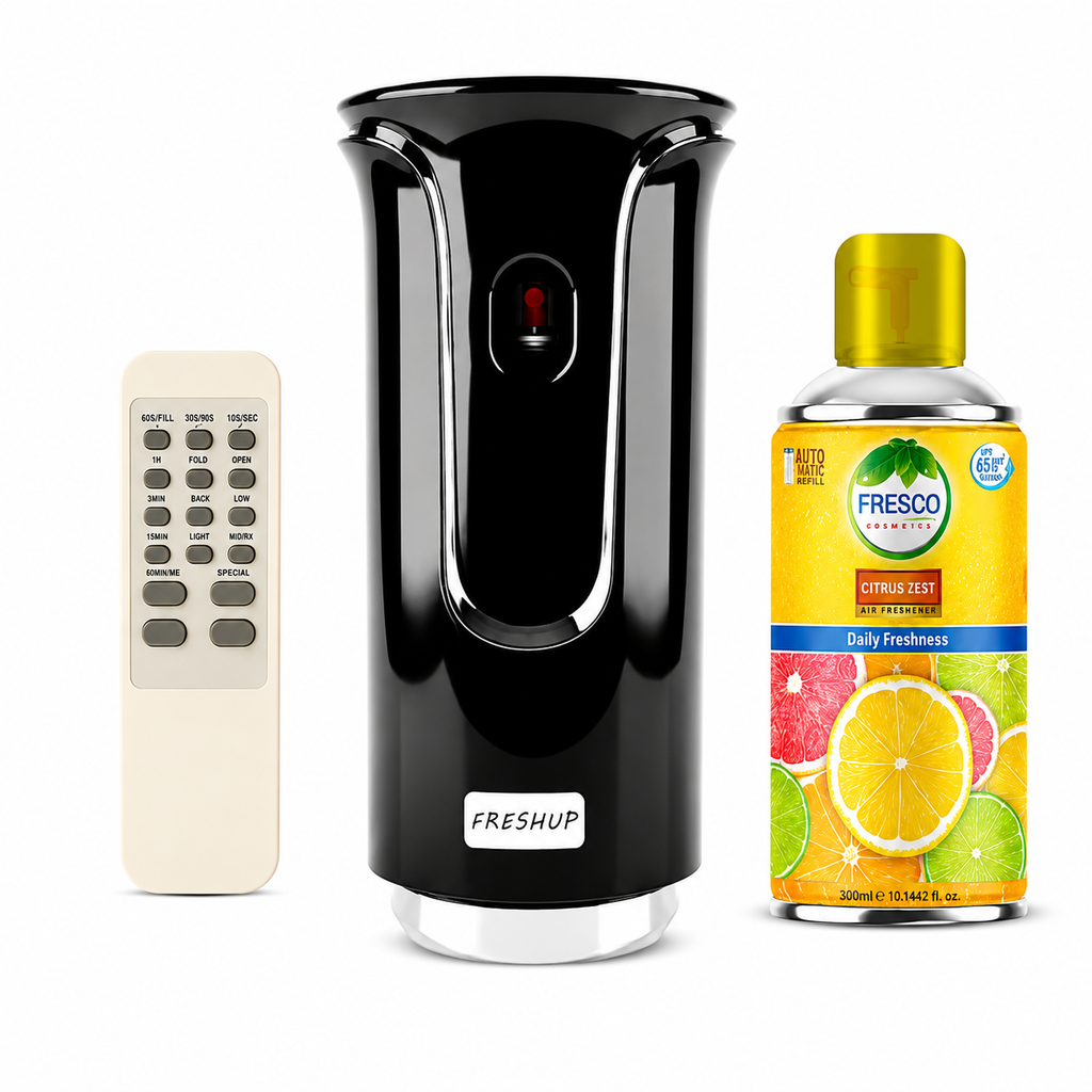 Freshup Premium Black LED Remote Control Automatic Air Freshener Dispenser with Free Air Freshener & Batteries